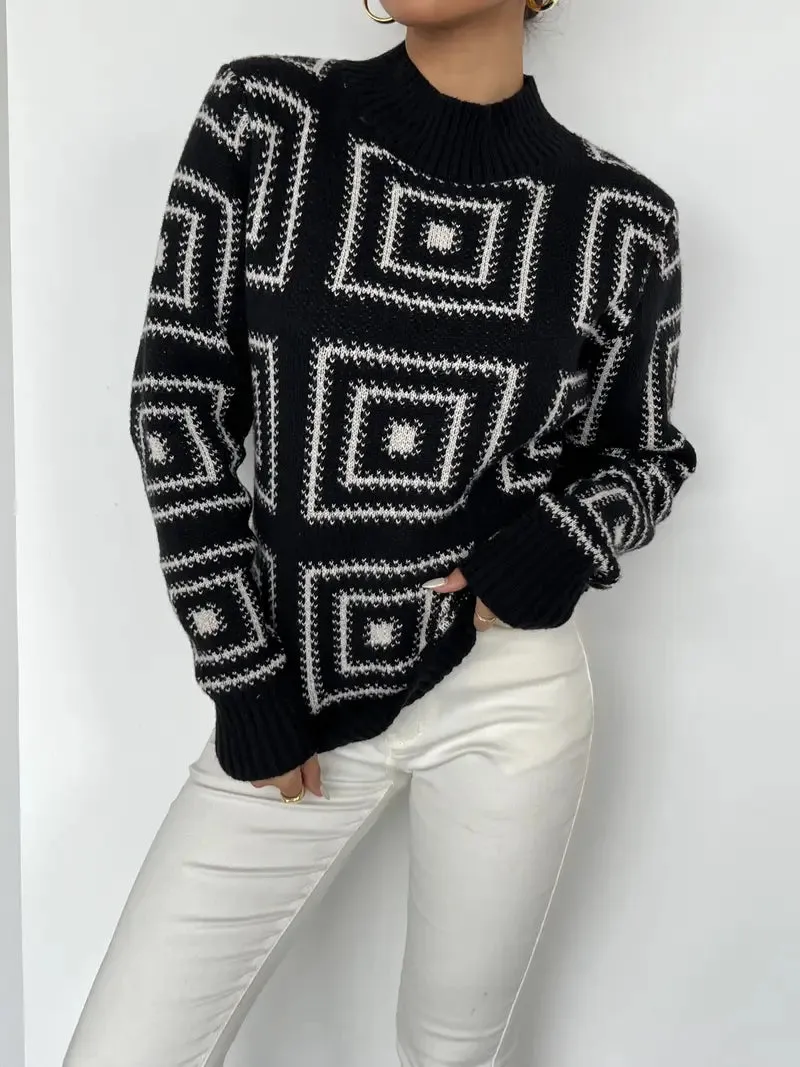 Elegant Geometric Crew Neck Pullover – Damen