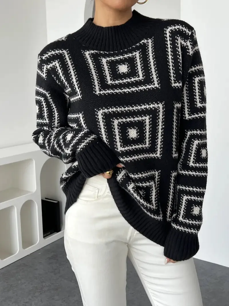 Elegant Geometric Crew Neck Pullover – Damen