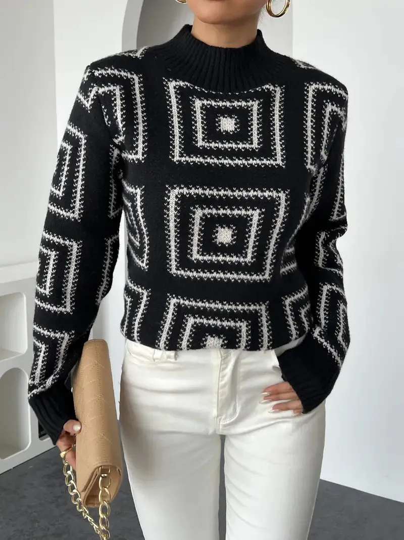 Elegant Geometric Crew Neck Pullover – Damen