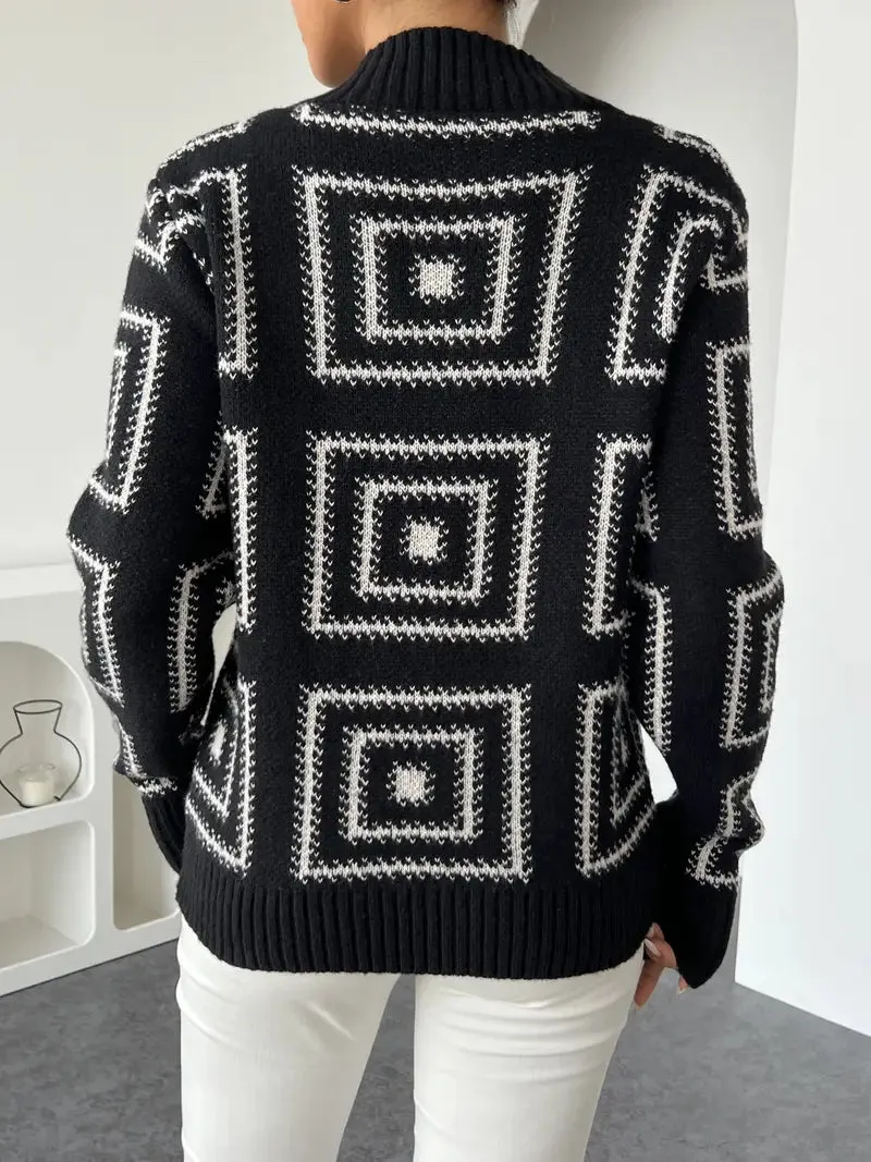 Elegant Geometric Crew Neck Pullover – Damen