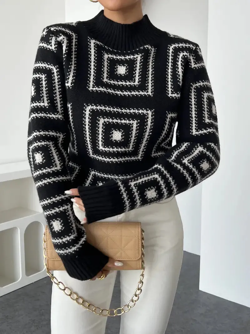 Elegant Geometric Crew Neck Pullover – Damen