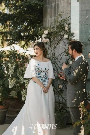 Hochzeitskleid Bateau Stickerei Romantisches Halbarm Brautkleid Twa4832