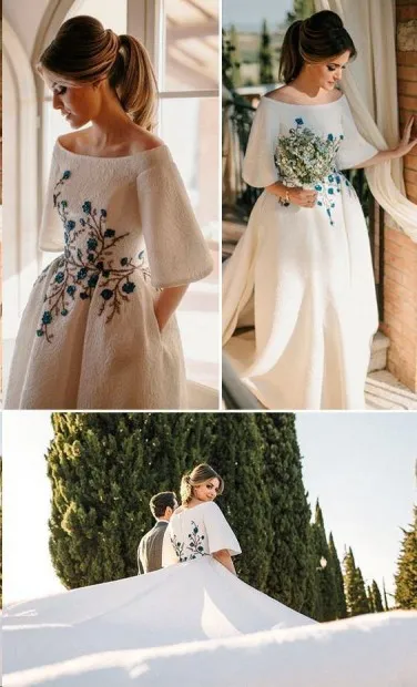 Hochzeitskleid Bateau Stickerei Romantisches Halbarm Brautkleid Twa4832